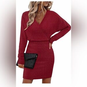 🆕 Sexy V Neck Batwing Sleeve Sparkly Holiday Bodycon Midi Dress